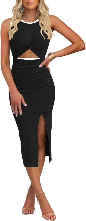 oten Women's Casual Sleeveless Cutout Twist Front Side Slit Ribbed Knit Party Bodycon Midi Dresses