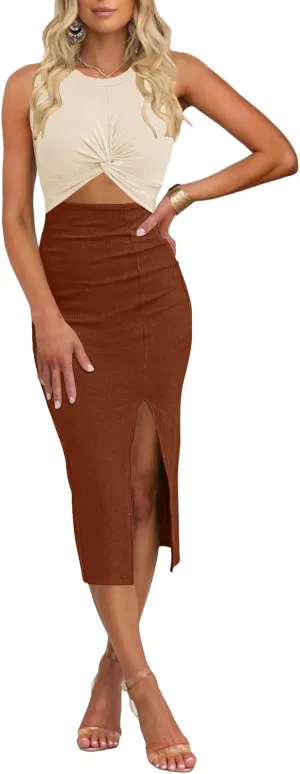 oten Women's Casual Sleeveless Cutout Twist Front Side Slit Ribbed Knit Party Bodycon Midi Dresses