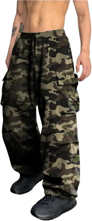 OYOANGLE Men's Camo Print Baggy Cargo Pants Elastic Drawstring Waist Wide Leg Trousers Streetwear