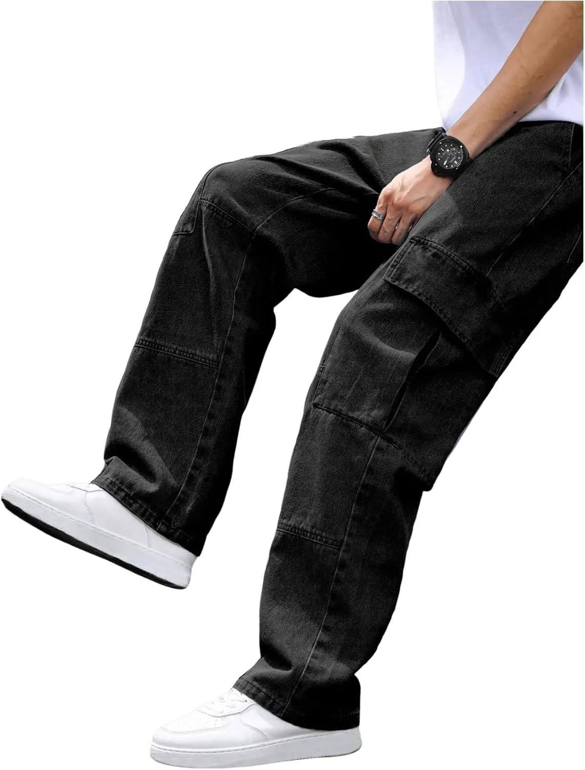 OYOANGLE Men's Flap Pocket Denim Cargo Pants Straight Leg Skateboard Jean Trousers