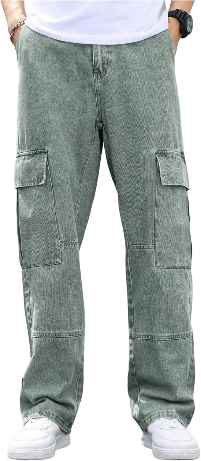 OYOANGLE Men's Flap Pocket Denim Cargo Pants Straight Leg Skateboard Jean Trousers