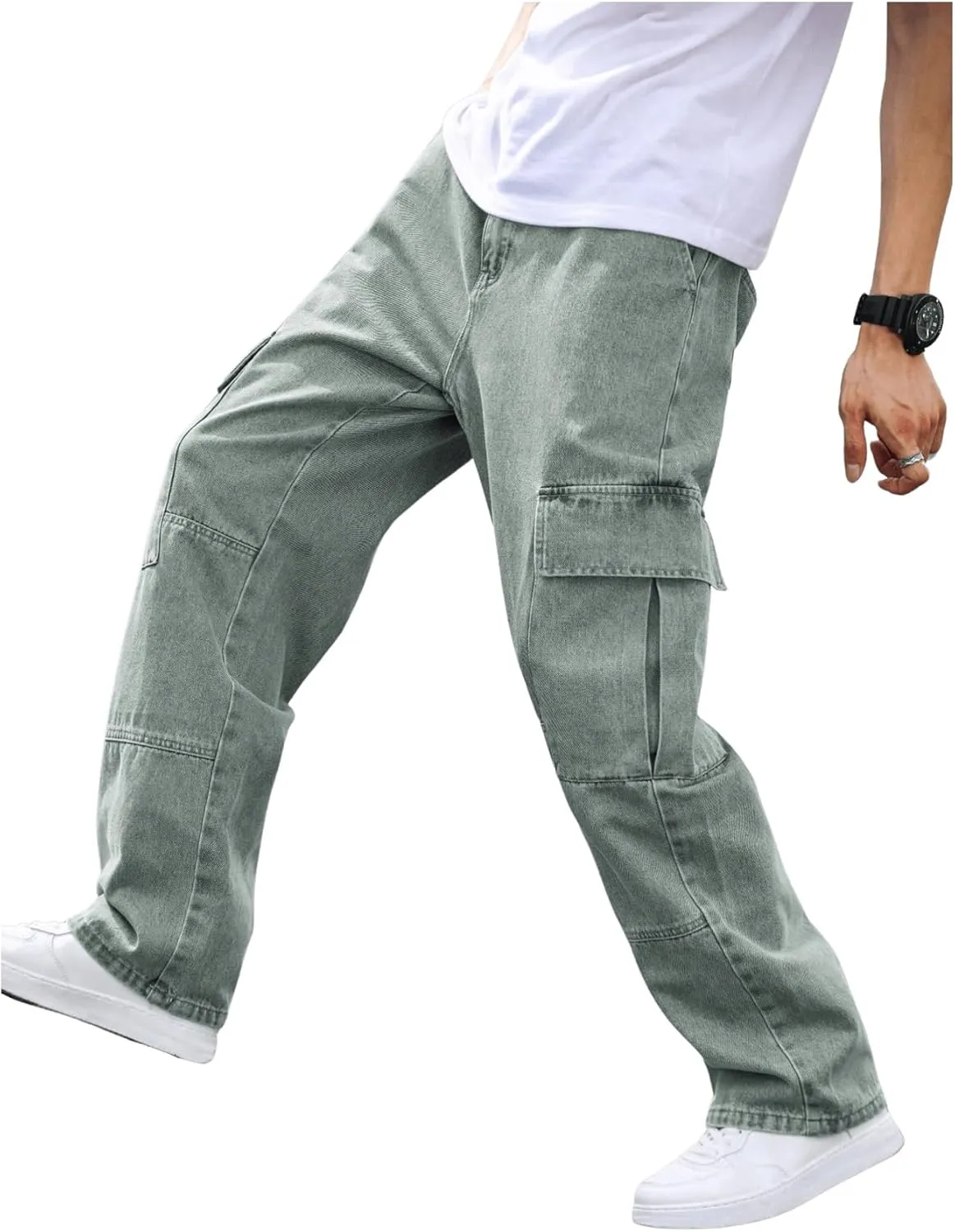 OYOANGLE Men's Flap Pocket Denim Cargo Pants Straight Leg Skateboard Jean Trousers