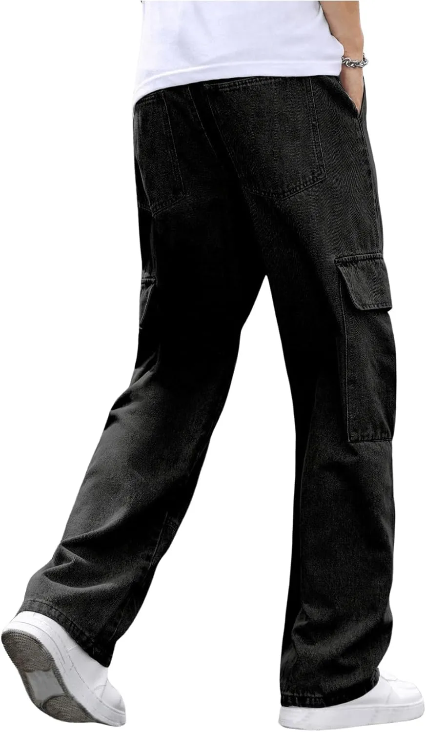 OYOANGLE Men's Flap Pocket Denim Cargo Pants Straight Leg Skateboard Jean Trousers