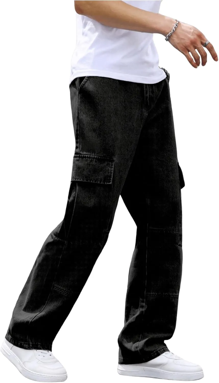 OYOANGLE Men's Flap Pocket Denim Cargo Pants Straight Leg Skateboard Jean Trousers
