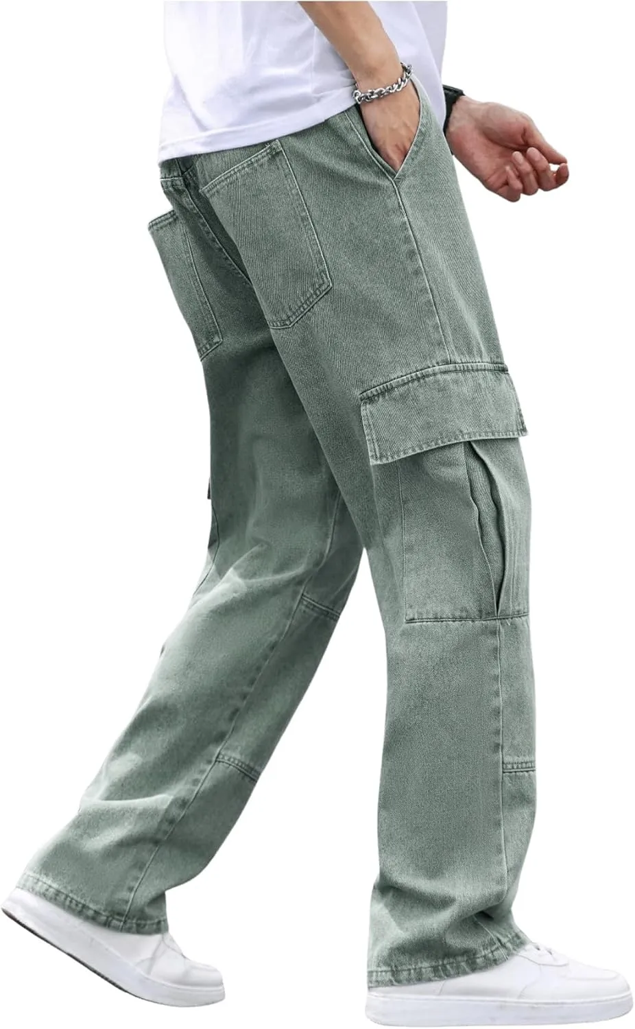 OYOANGLE Men's Flap Pocket Denim Cargo Pants Straight Leg Skateboard Jean Trousers