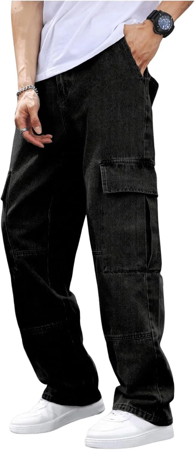 OYOANGLE Men's Flap Pocket Denim Cargo Pants Straight Leg Skateboard Jean Trousers