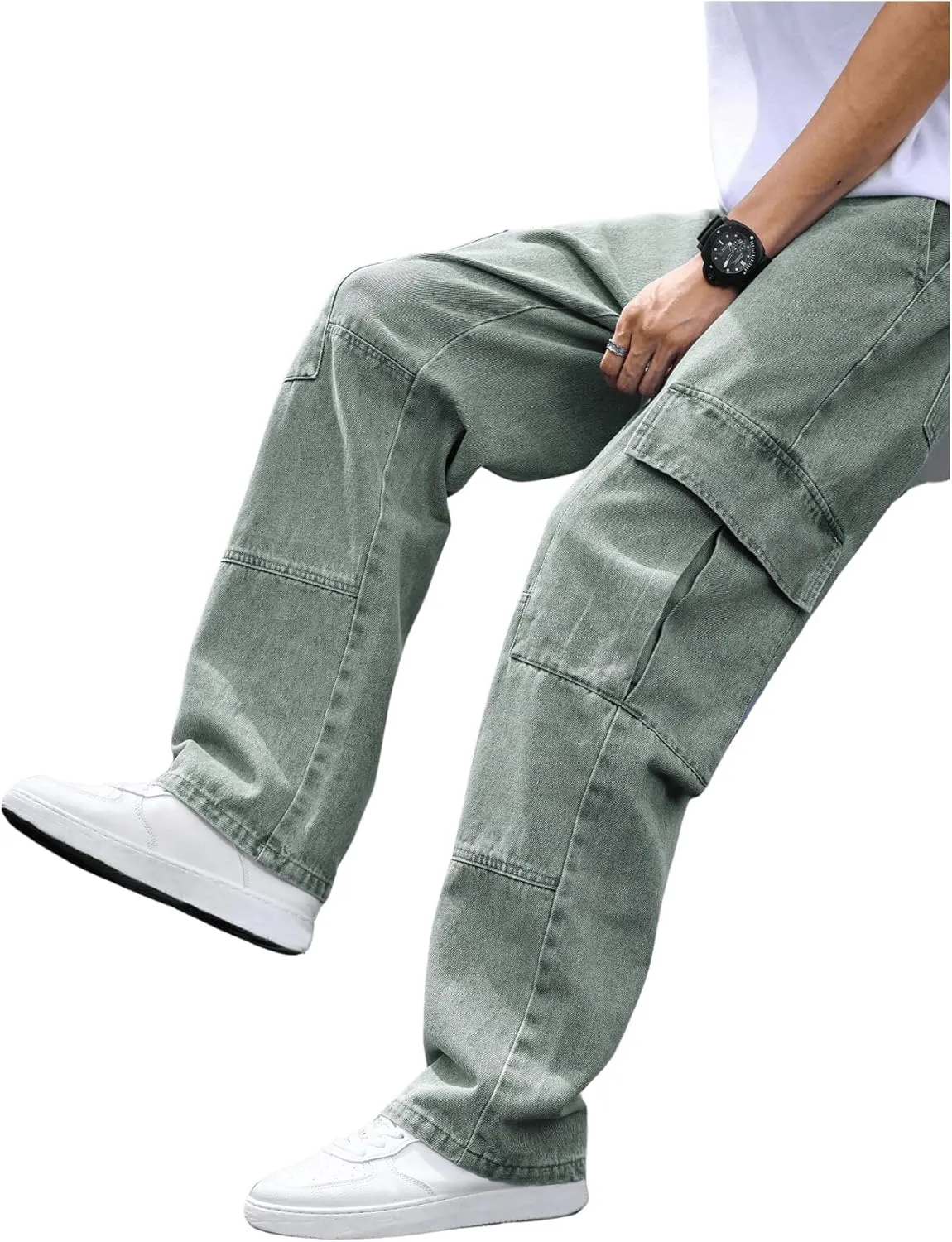 OYOANGLE Men's Flap Pocket Denim Cargo Pants Straight Leg Skateboard Jean Trousers