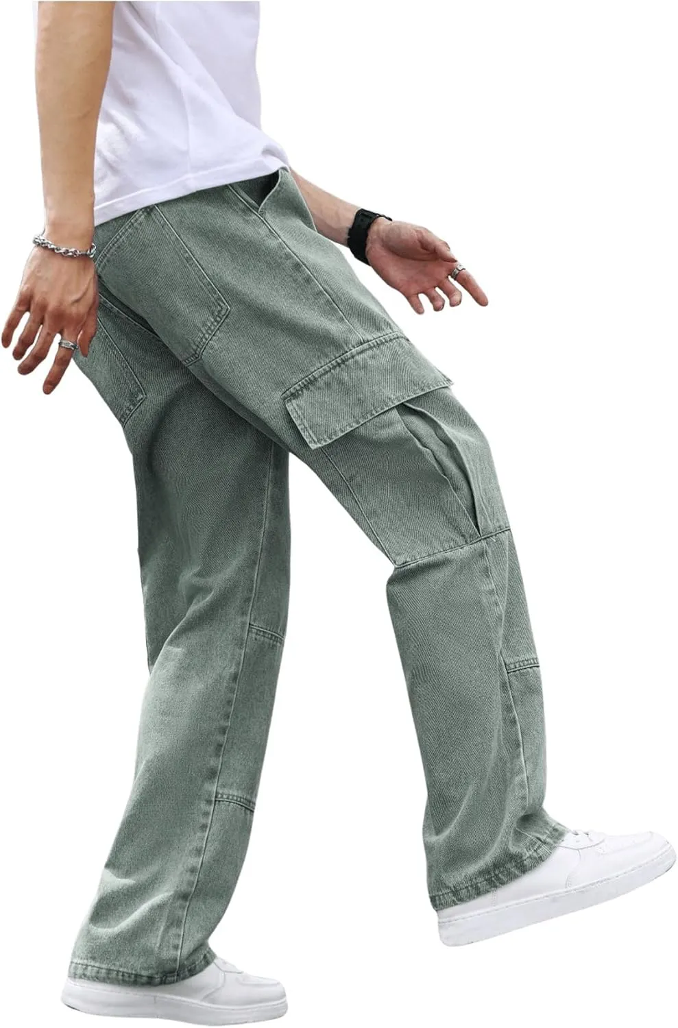 OYOANGLE Men's Flap Pocket Denim Cargo Pants Straight Leg Skateboard Jean Trousers