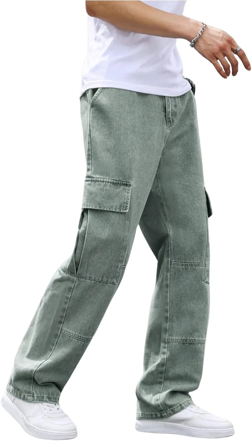 OYOANGLE Men's Flap Pocket Denim Cargo Pants Straight Leg Skateboard Jean Trousers