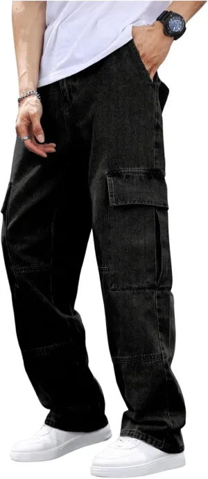 OYOANGLE Men's Flap Pocket Denim Cargo Pants Straight Leg Skateboard Jean Trousers