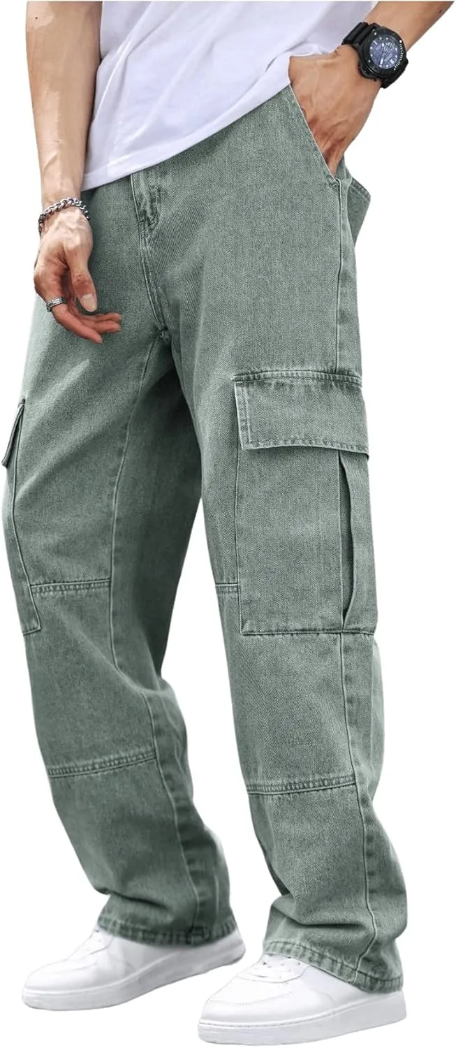 OYOANGLE Men's Flap Pocket Denim Cargo Pants Straight Leg Skateboard Jean Trousers