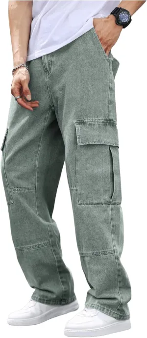 OYOANGLE Men's Flap Pocket Denim Cargo Pants Straight Leg Skateboard Jean Trousers