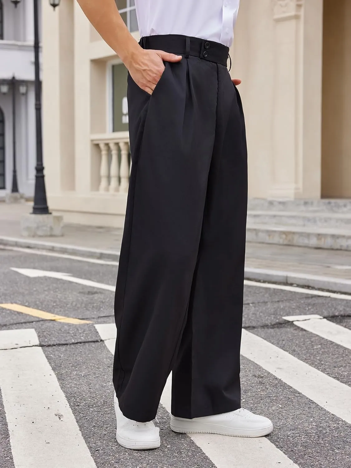 OYOANGLE Men's Pleated High Waist Wide Leg Pants Loose Fit Casual Pants with Pocket