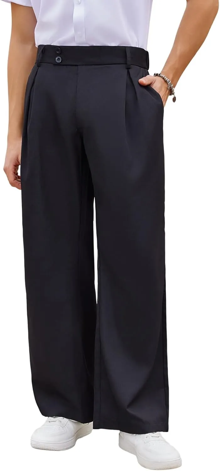 OYOANGLE Men's Pleated High Waist Wide Leg Pants Loose Fit Casual Pants with Pocket