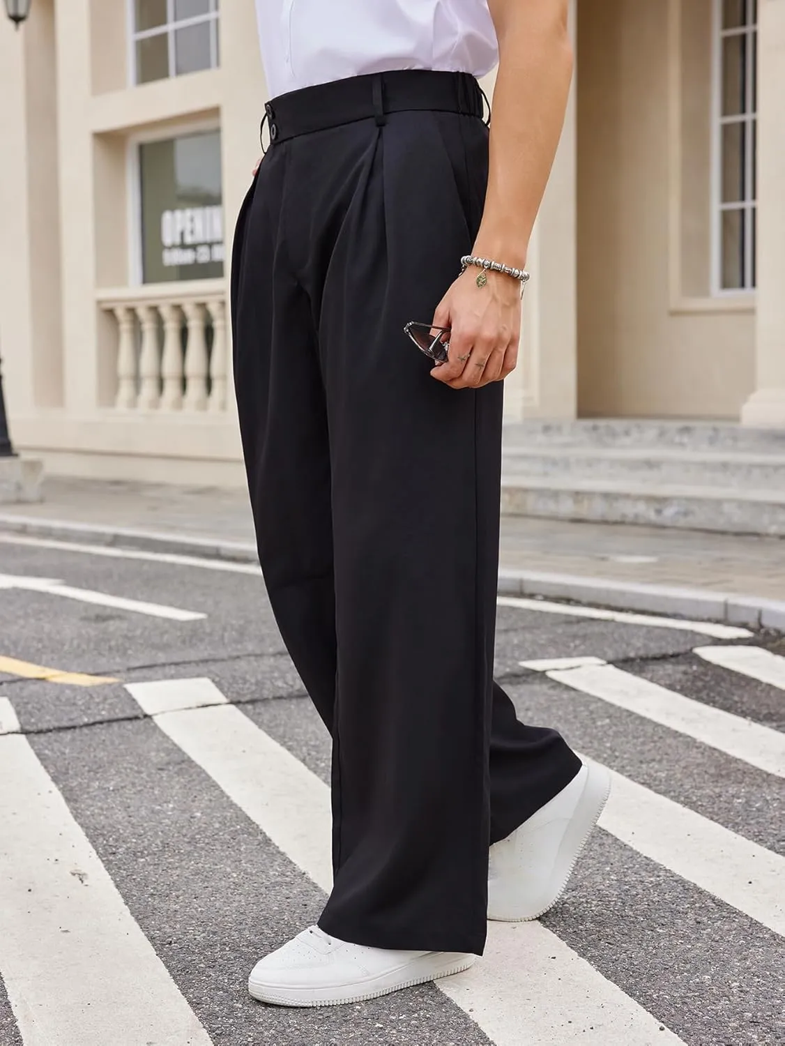 OYOANGLE Men's Pleated High Waist Wide Leg Pants Loose Fit Casual Pants with Pocket