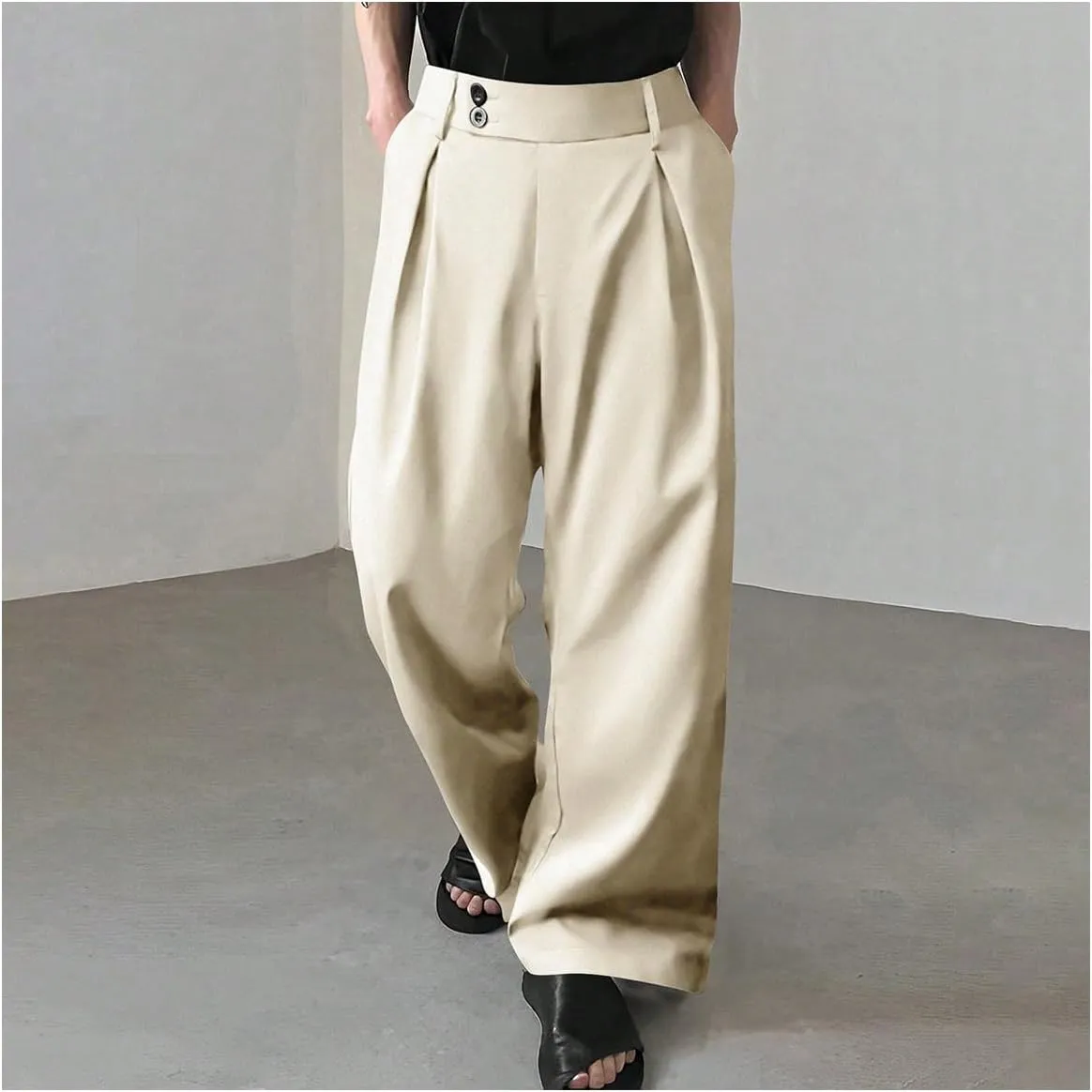OYOANGLE Men's Pleated High Waist Wide Leg Pants Loose Fit Casual Pants with Pocket