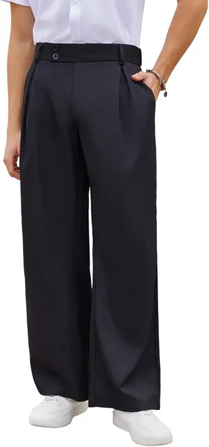 OYOANGLE Men's Pleated High Waist Wide Leg Pants Loose Fit Casual Pants with Pocket
