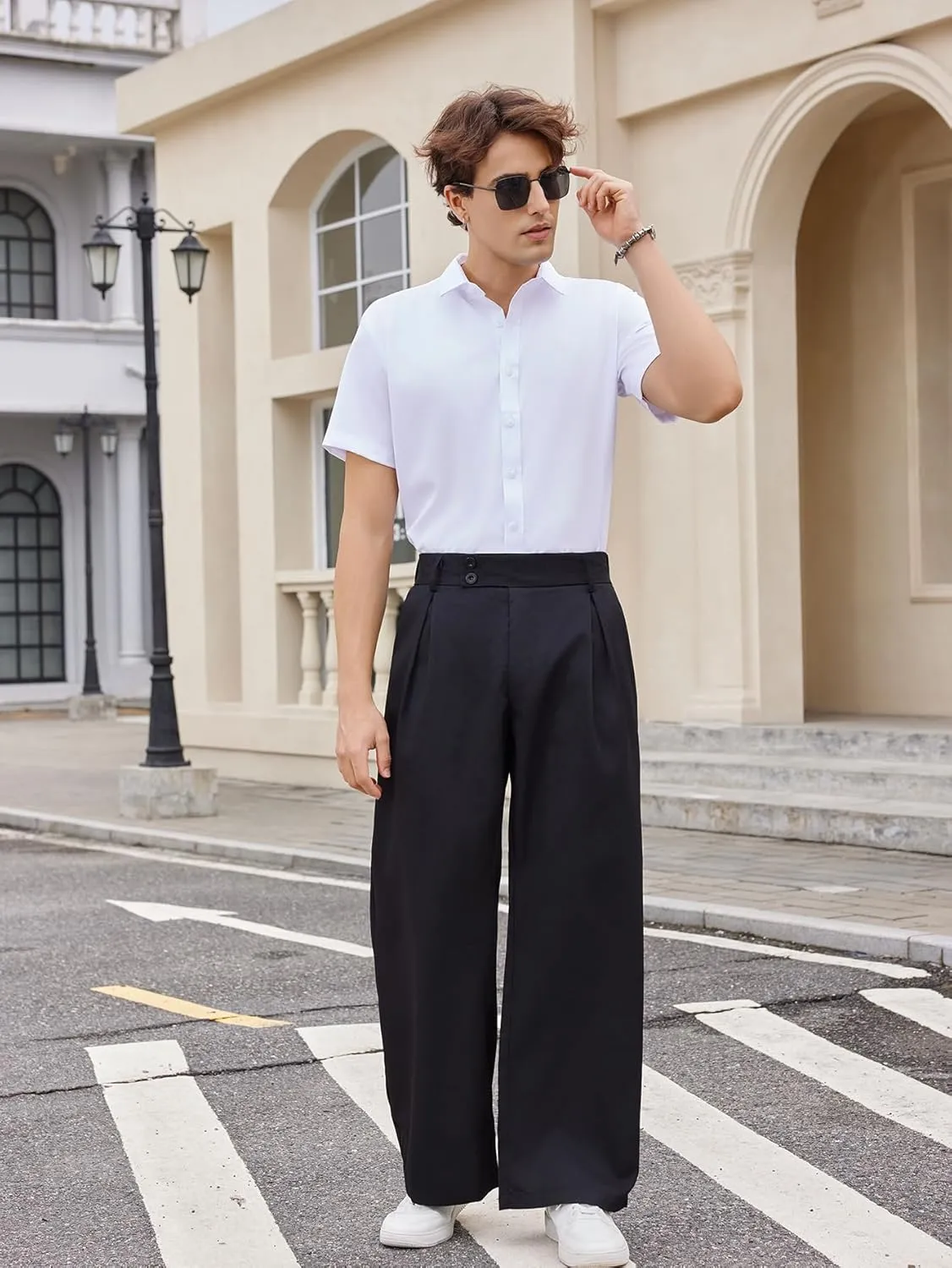 OYOANGLE Men's Pleated High Waist Wide Leg Pants Loose Fit Casual Pants with Pocket