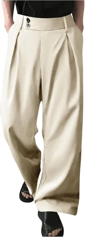 OYOANGLE Men's Pleated High Waist Wide Leg Pants Loose Fit Casual Pants with Pocket