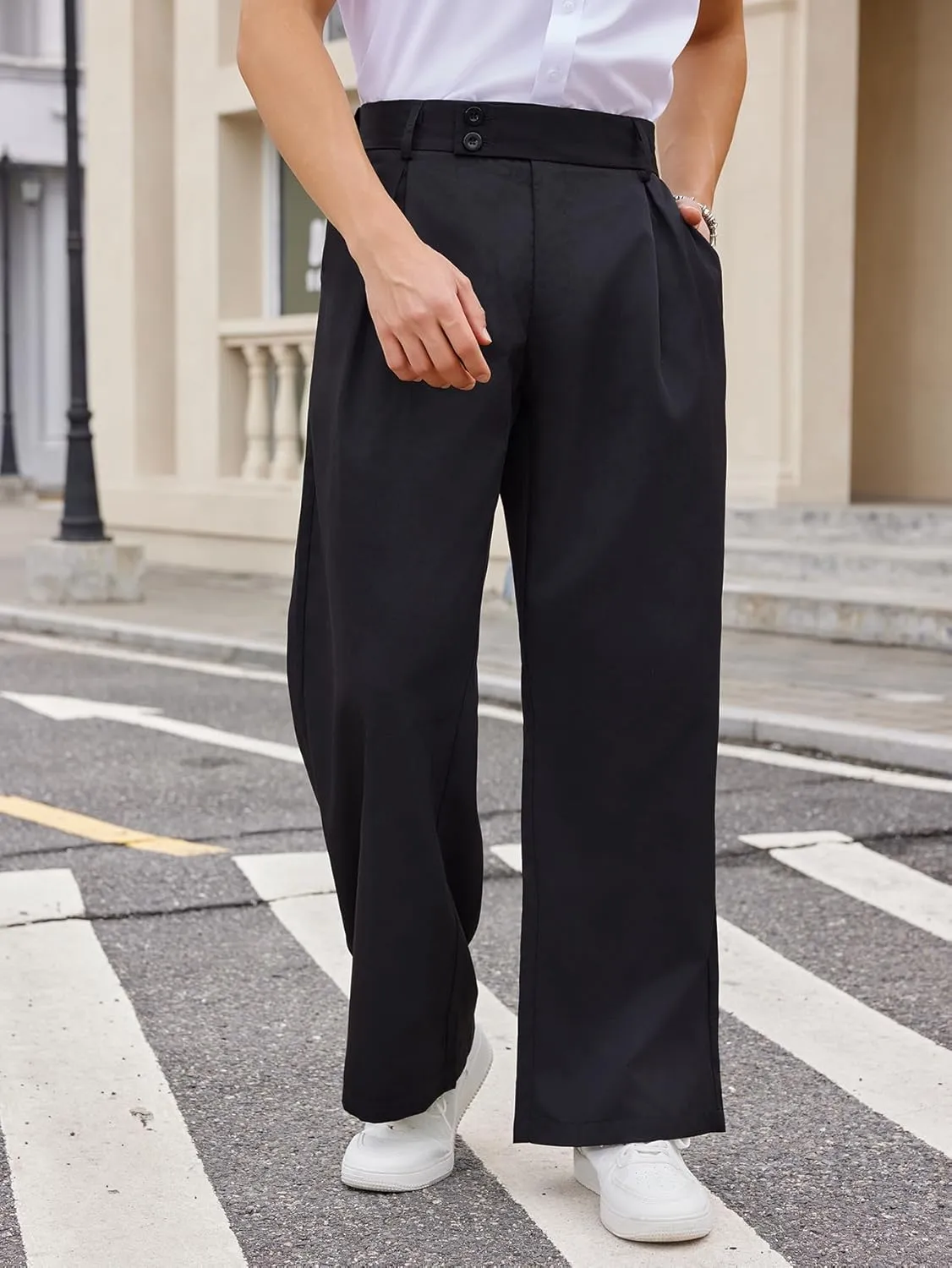 OYOANGLE Men's Pleated High Waist Wide Leg Pants Loose Fit Casual Pants with Pocket