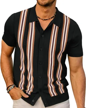 PJ PAUL JONES Mens Polo Shirts Vintage Striped Button Down Knitted Golf Shirts