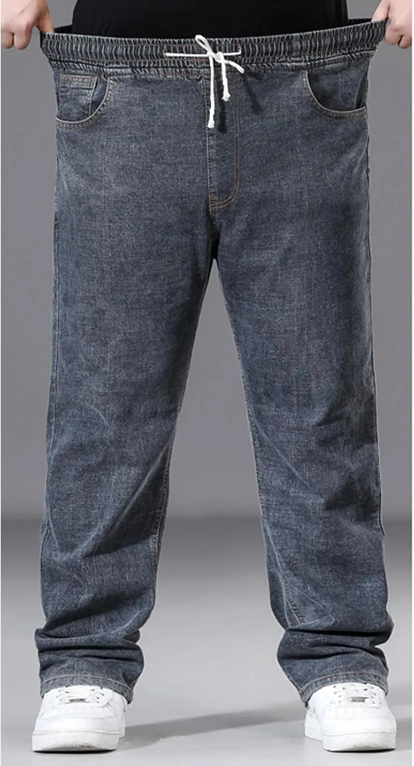 Plus Size Baggy Jeans for Men Elastic Waist Pull On Denim Pants Drawstring Straight Loose Jean Sweatpants L-5XL