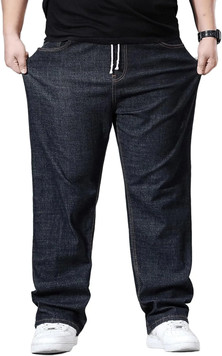 Plus Size Baggy Jeans for Men Elastic Waist Pull On Denim Pants Drawstring Straight Loose Jean Sweatpants L-5XL