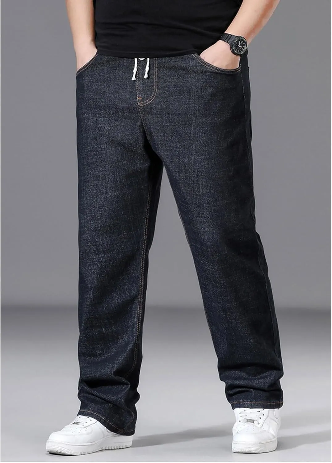 Plus Size Baggy Jeans for Men Elastic Waist Pull On Denim Pants Drawstring Straight Loose Jean Sweatpants L-5XL