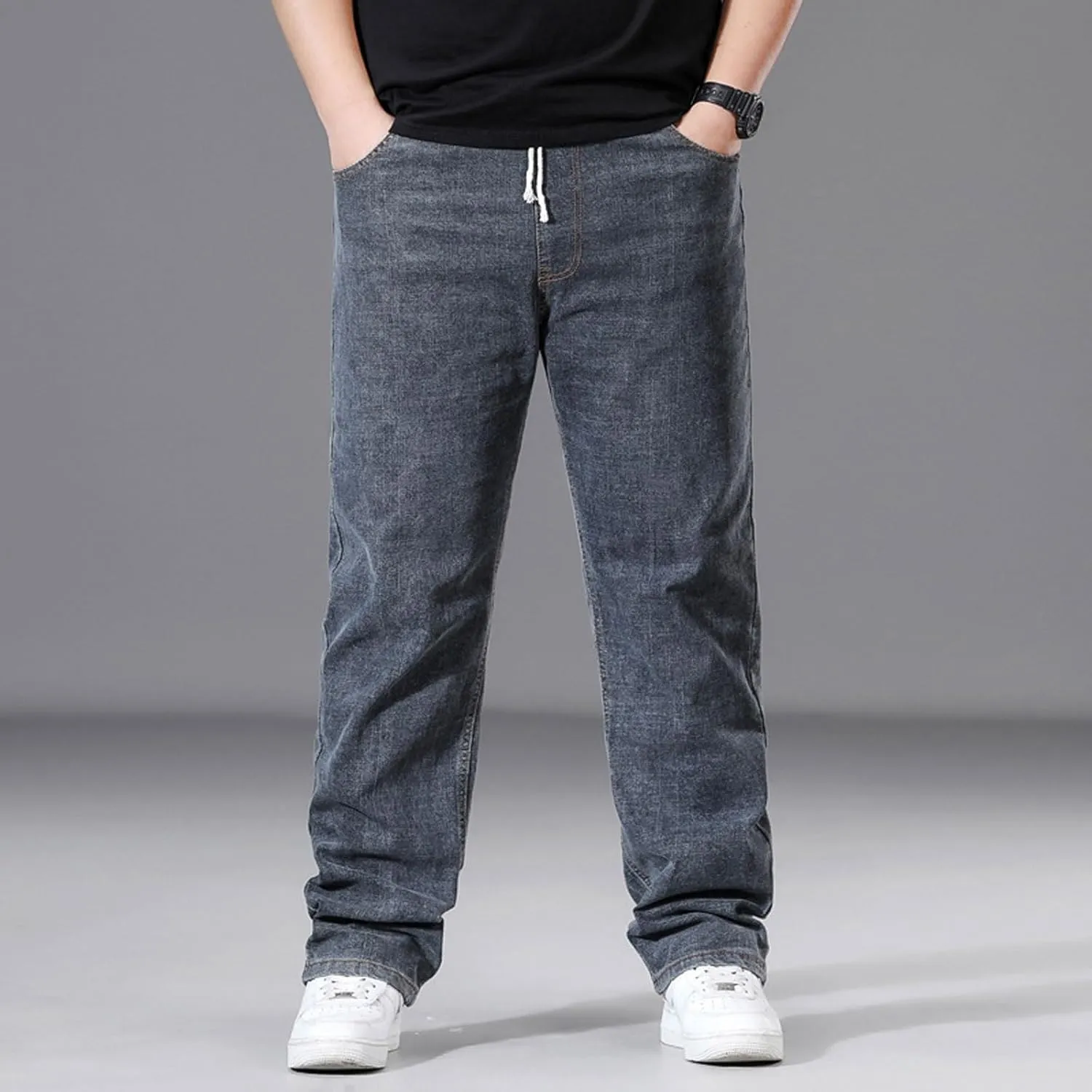 Plus Size Baggy Jeans for Men Elastic Waist Pull On Denim Pants Drawstring Straight Loose Jean Sweatpants L-5XL
