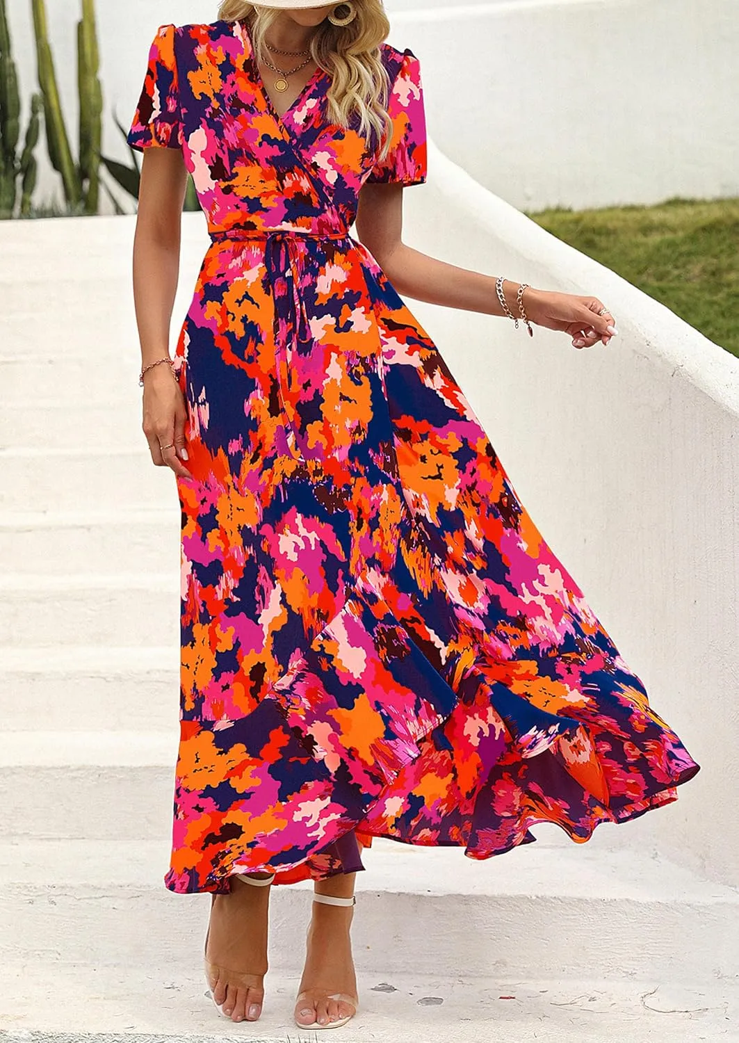 PRETTYGARDEN Women's Summer Maxi Dress Casual Wrap Floral Boho Short Sleeve V Neck Split Ruffle Beach Long Dresses