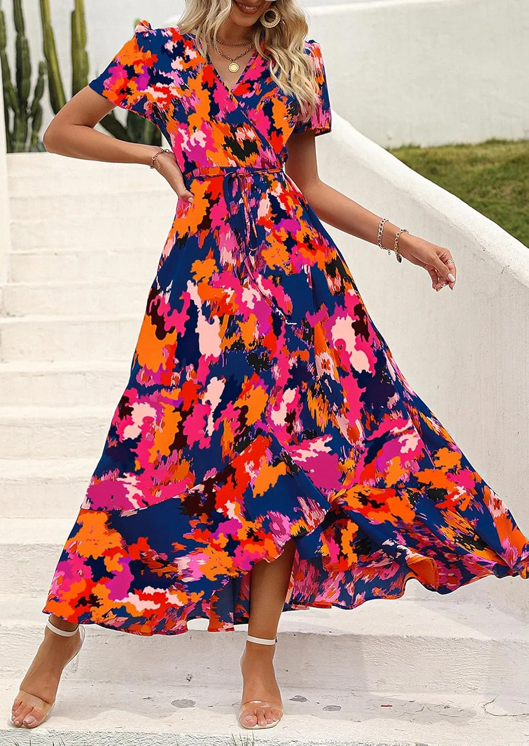 PRETTYGARDEN Women's Summer Maxi Dress Casual Wrap Floral Boho Short Sleeve V Neck Split Ruffle Beach Long Dresses