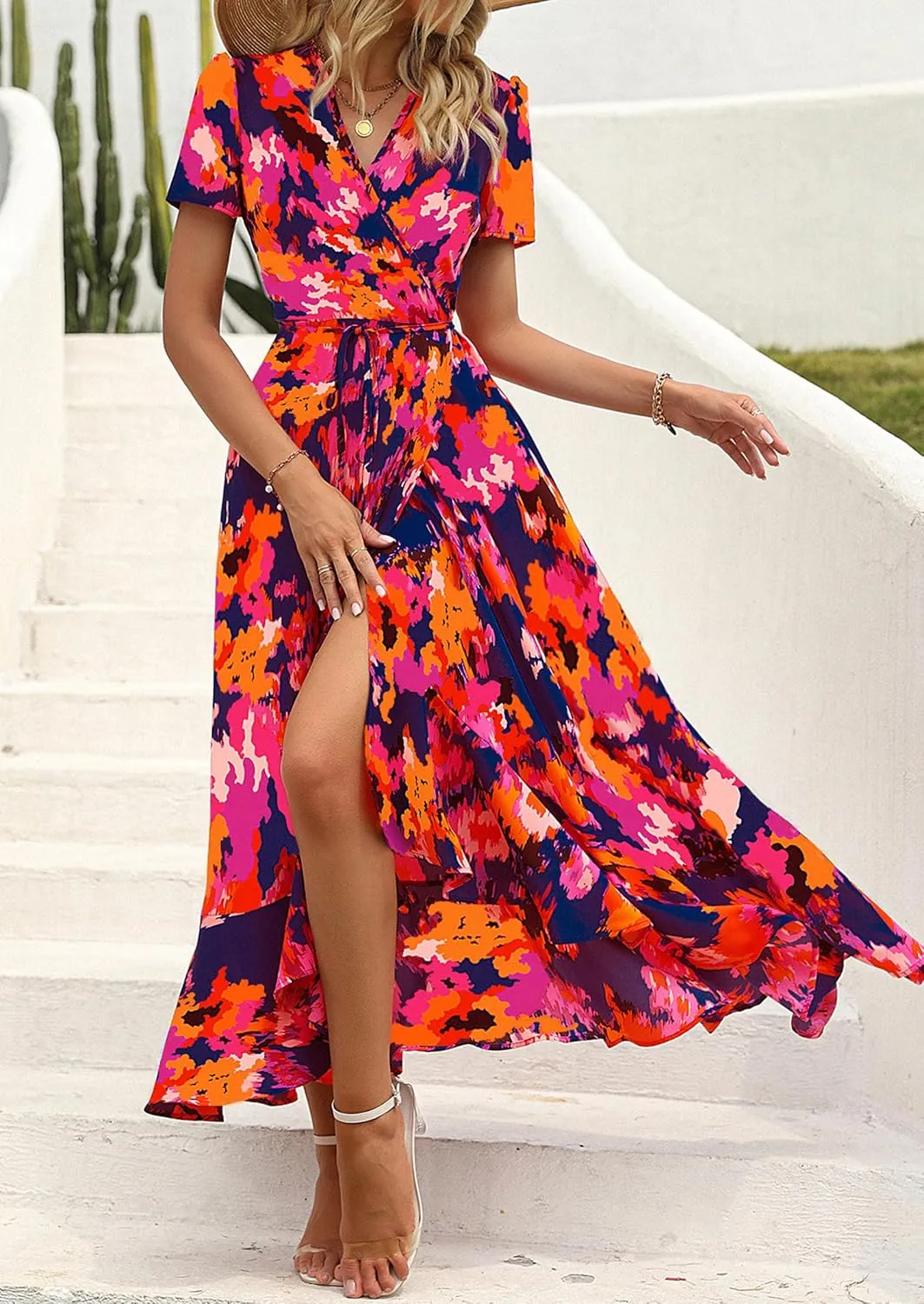 PRETTYGARDEN Women's Summer Maxi Dress Casual Wrap Floral Boho Short Sleeve V Neck Split Ruffle Beach Long Dresses