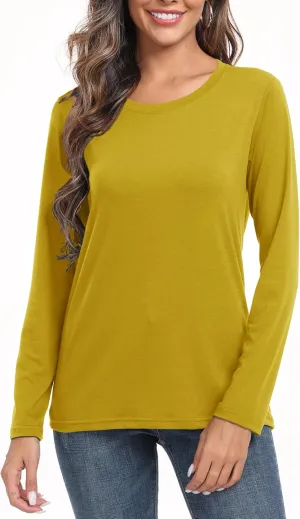 PRIMODA Women's Crew Neck Long Sleeve Shirts Basic Loose Fit Layering Tops