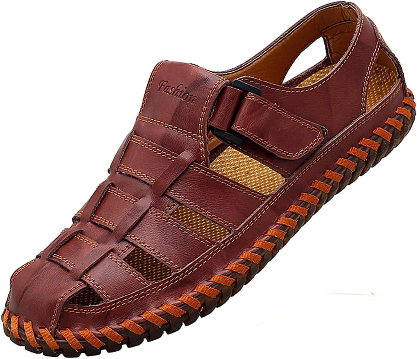 Qiucdzi Mens Sport Sandals Breathable Outdoor Fisherman Shoes Adjustable Closed Toe Summer Leather Loafters