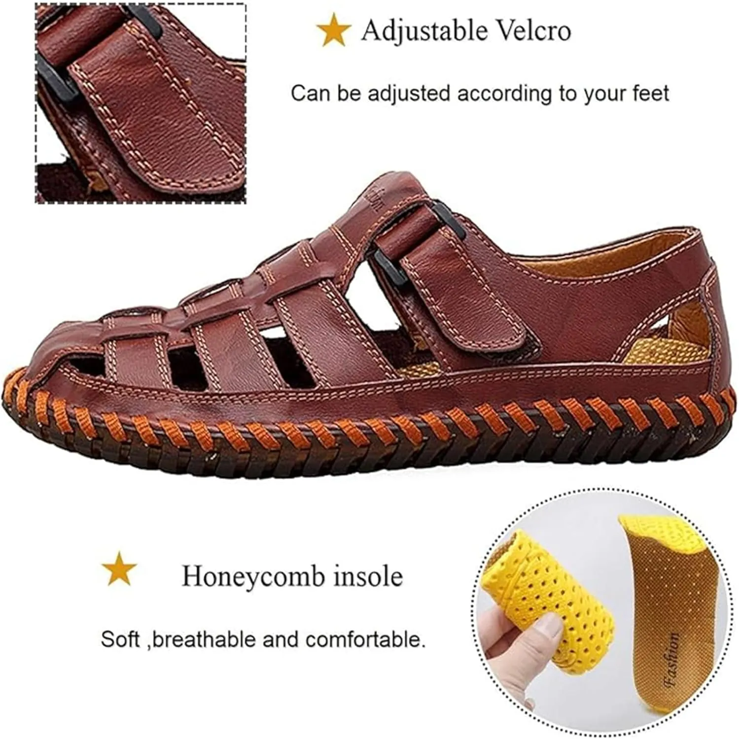Qiucdzi Mens Sport Sandals Breathable Outdoor Fisherman Shoes Adjustable Closed Toe Summer Leather Loafters