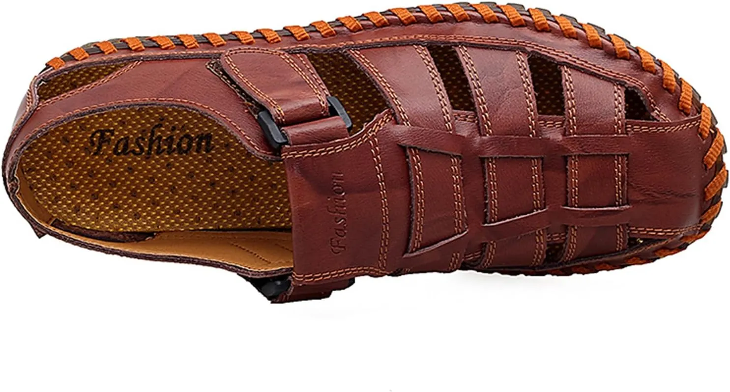 Qiucdzi Mens Sport Sandals Breathable Outdoor Fisherman Shoes Adjustable Closed Toe Summer Leather Loafters
