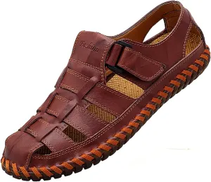 Qiucdzi Mens Sport Sandals Breathable Outdoor Fisherman Shoes Adjustable Closed Toe Summer Leather Loafters