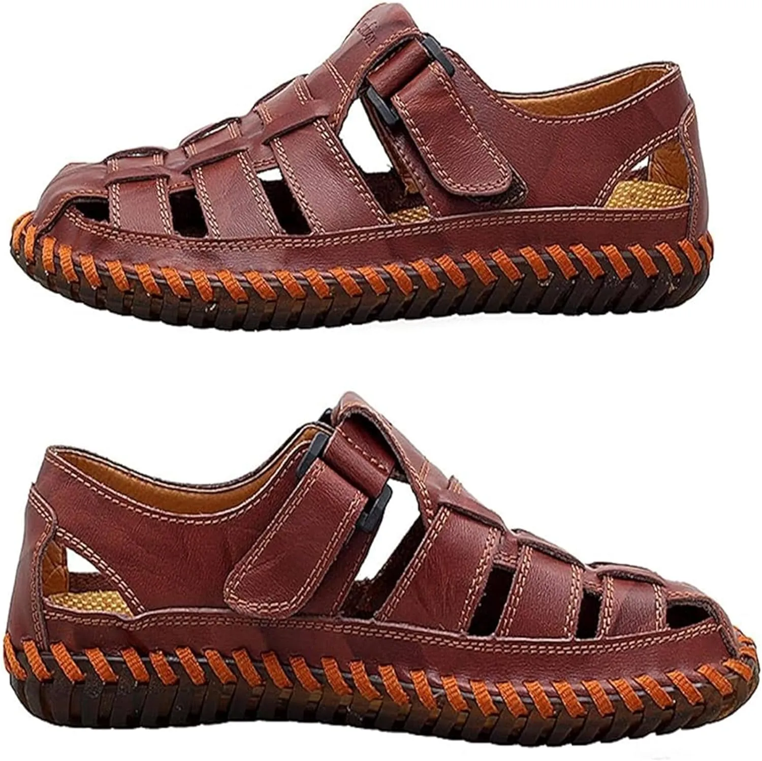 Qiucdzi Mens Sport Sandals Breathable Outdoor Fisherman Shoes Adjustable Closed Toe Summer Leather Loafters