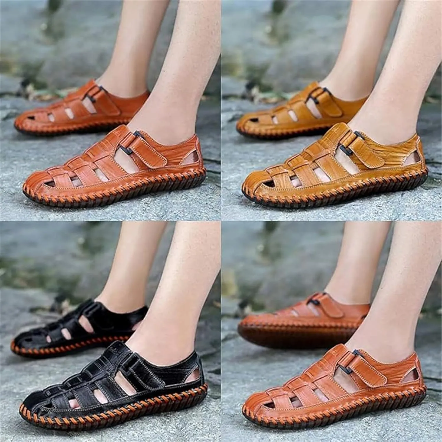 Qiucdzi Mens Sport Sandals Breathable Outdoor Fisherman Shoes Adjustable Closed Toe Summer Leather Loafters