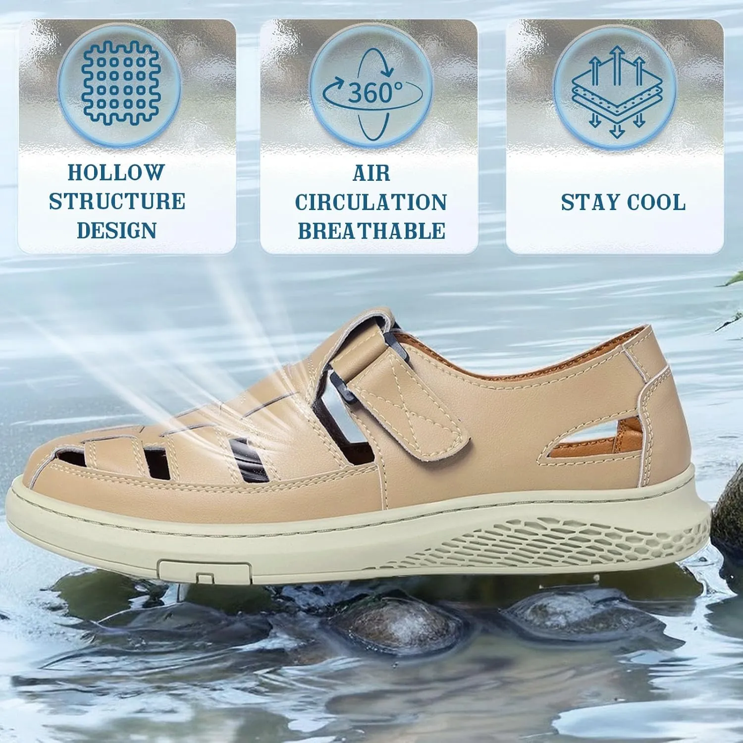 Qiucdzi Men's Sport Sandals Leather Closed Toe Sandal Breathable Outdoor Fisherman Shoes Adjustable Summer Beach Shoes for Hiking Walking
