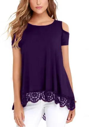 RAGEMALL Womens Cold Shoulder Tops Short Sleeve Lace Trim Tunic Blouse Top for Women