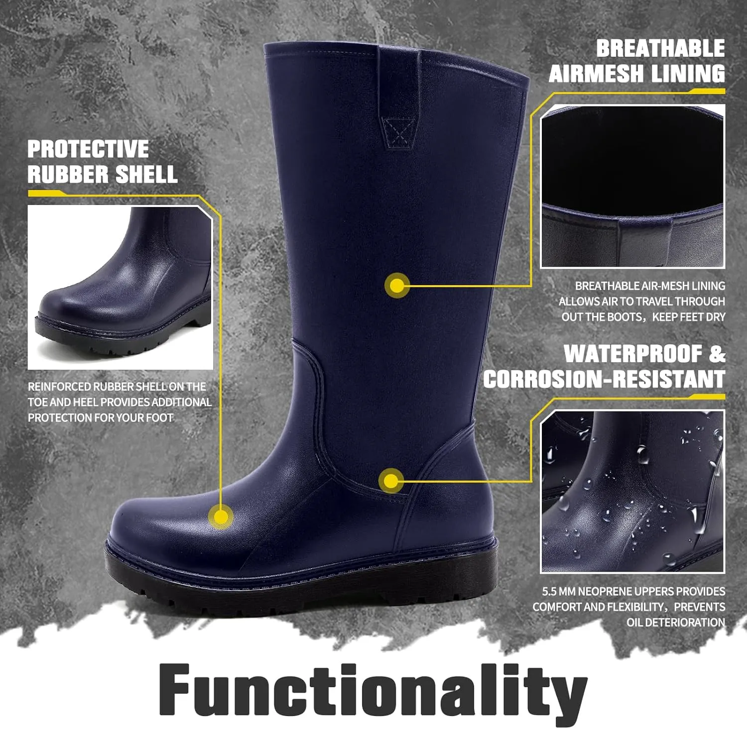 Rain Boots for Men, Comfort Waterproof Rubber Boots Mens Durable Anti-Slip Mud Garden Boots for Hunting Gardening Farming Fishing, Wide Calf Raining Shoes Outdoor Work Boots