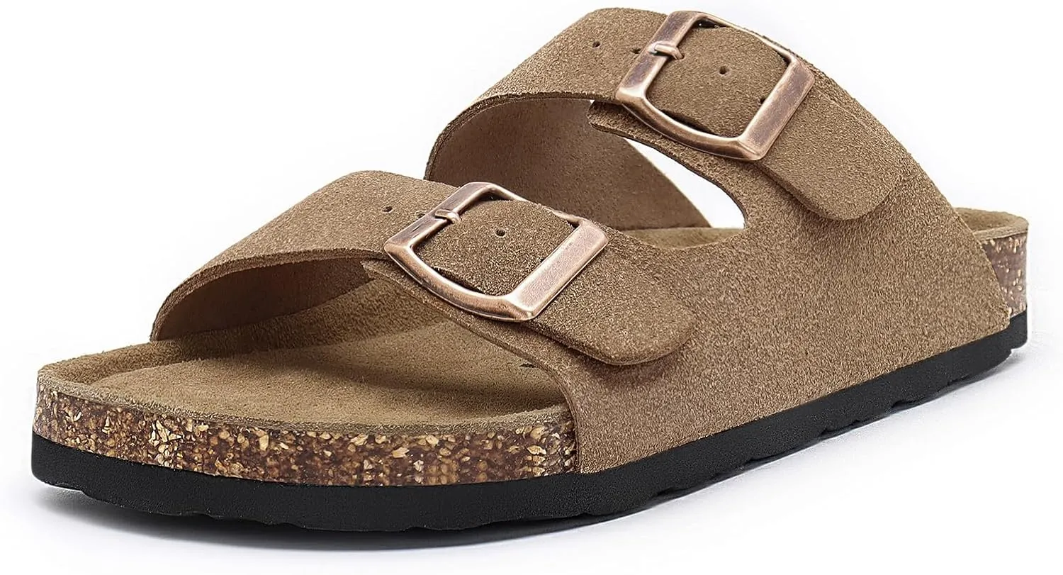 Rainlin Women's Flat Sandals Cork Footbed Slide Sandals Arch Support Slip on Slides with Adjustable Buckle