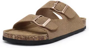 Rainlin Women's Flat Sandals Cork Footbed Slide Sandals Arch Support Slip on Slides with Adjustable Buckle