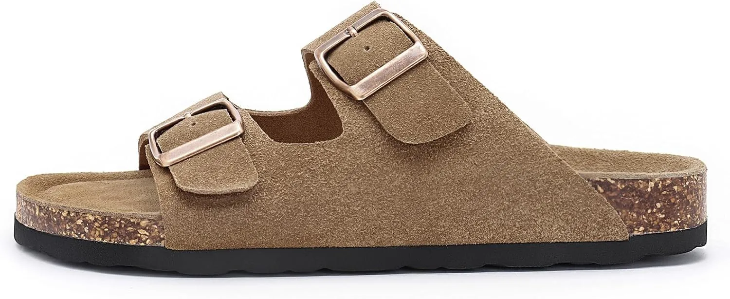 Rainlin Women's Flat Sandals Cork Footbed Slide Sandals Arch Support Slip on Slides with Adjustable Buckle