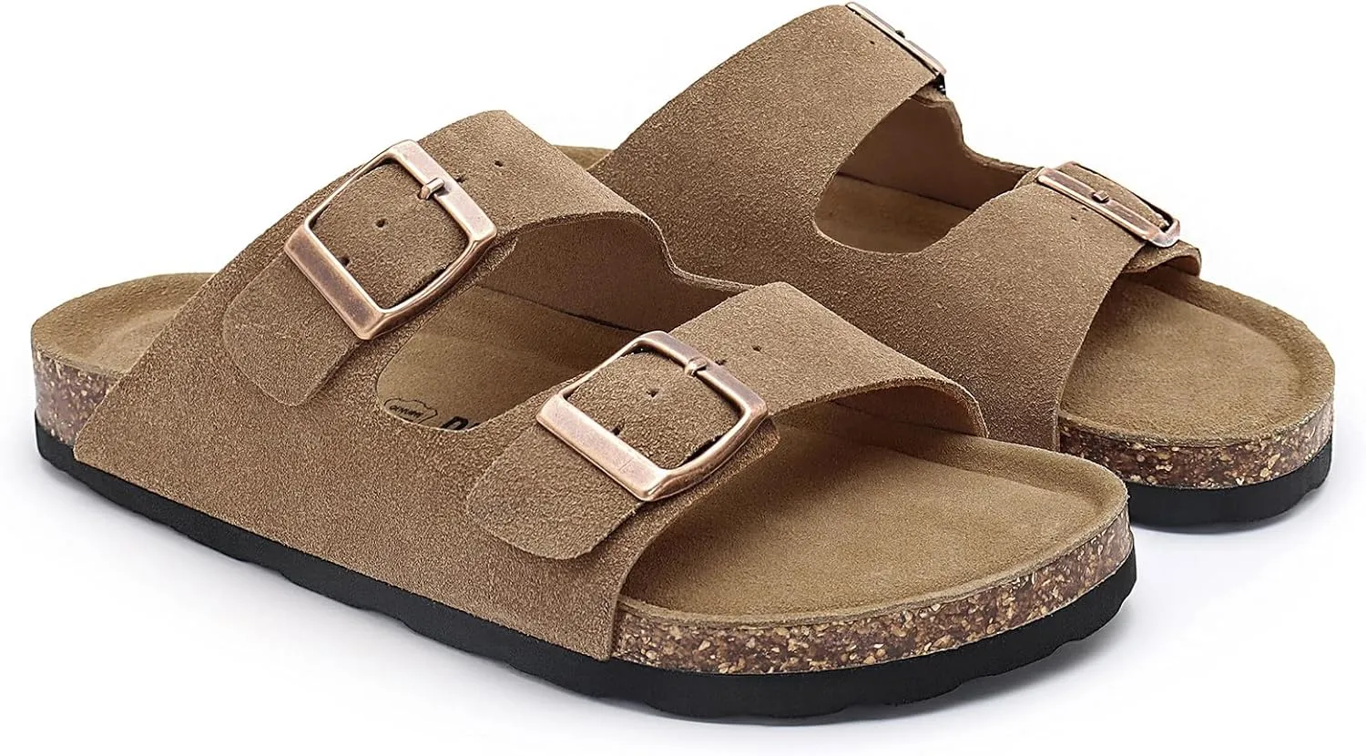 Rainlin Women's Flat Sandals Cork Footbed Slide Sandals Arch Support Slip on Slides with Adjustable Buckle