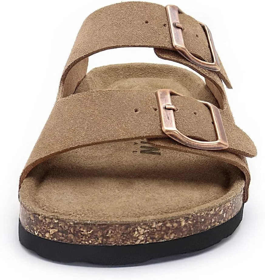 Rainlin Women's Flat Sandals Cork Footbed Slide Sandals Arch Support Slip on Slides with Adjustable Buckle