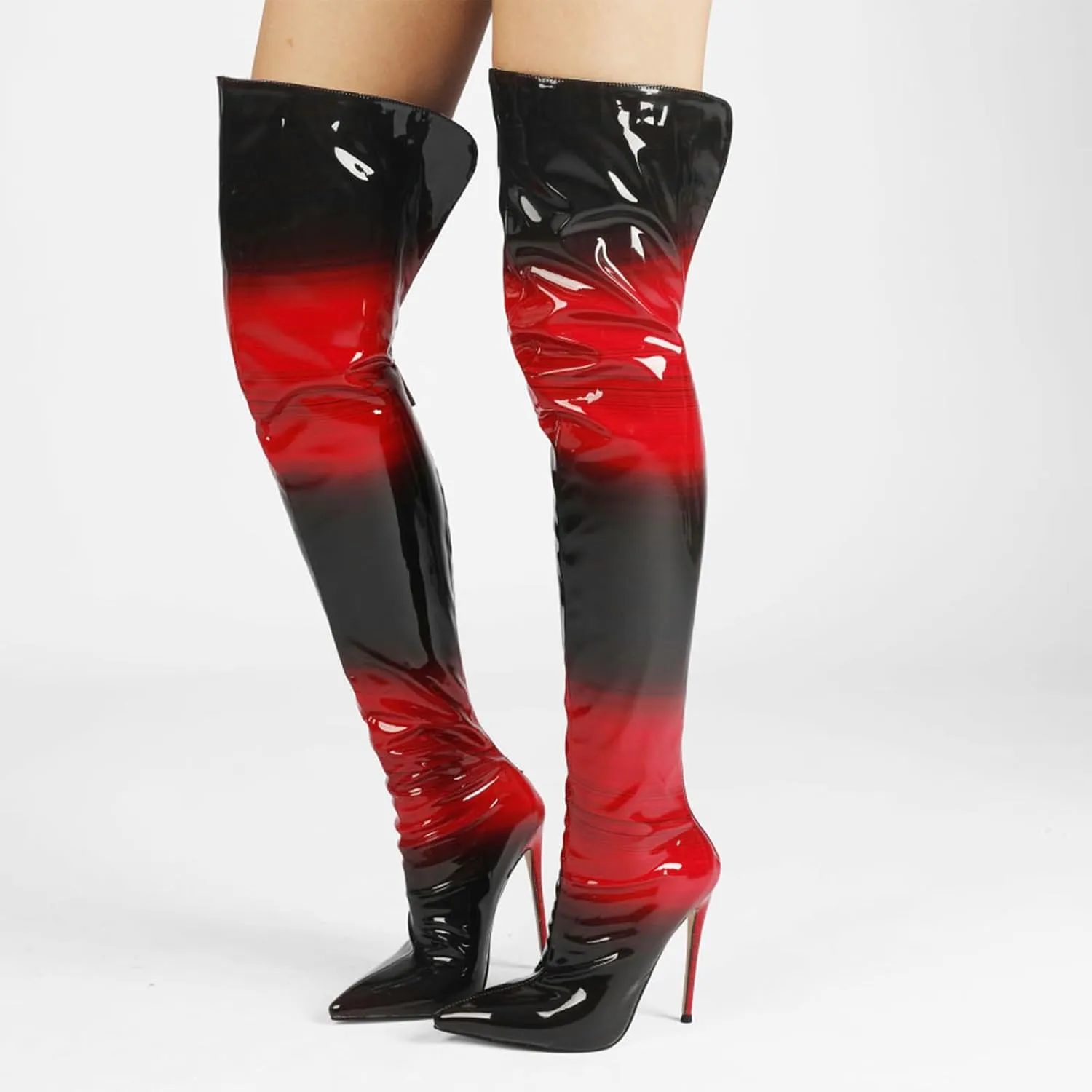 Red and Black Gradient Boots,Pointed Toe Stiletto Boots for Women,Rear Zipper,Comfortable Fit Over The Knee Boots