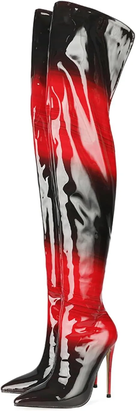 Red and Black Gradient Boots,Pointed Toe Stiletto Boots for Women,Rear Zipper,Comfortable Fit Over The Knee Boots