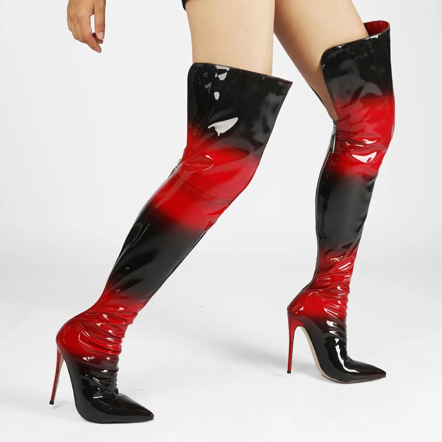 Red and Black Gradient Boots,Pointed Toe Stiletto Boots for Women,Rear Zipper,Comfortable Fit Over The Knee Boots